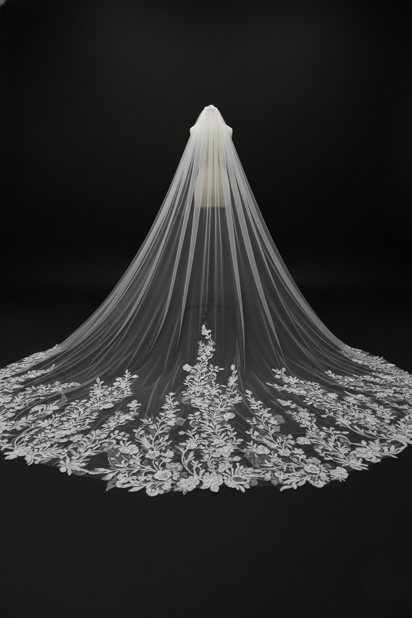 Floral Lace Cathedral Veil – Long Embroidered Wedding Veil | Silque