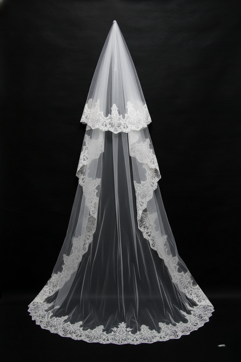 Two-Tier Lace Wedding Veil – Classic Embroidered Chapel Veil | Silque