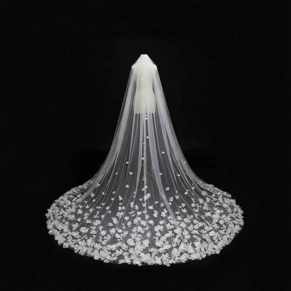 3D Floral Appliqué Cathedral Veil – Handcrafted Couture Veil | Silque