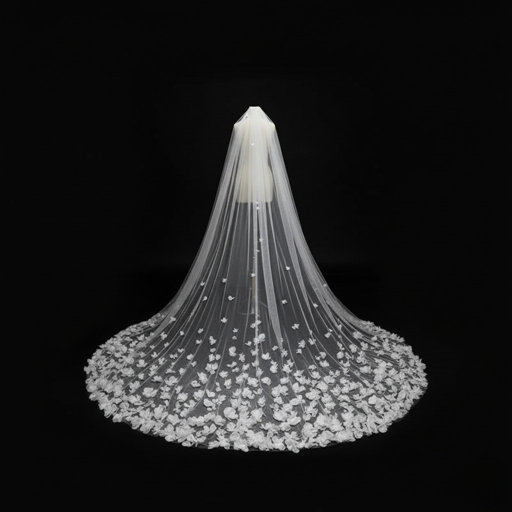 3D Floral Appliqué Cathedral Veil – Handcrafted Couture Veil | Silque