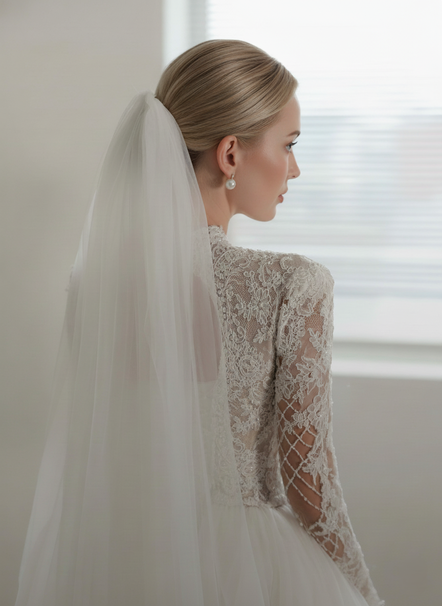 High-Neck Long-Sleeve Lace Ball Gown with Sheer Bodice & Tulle Skirt