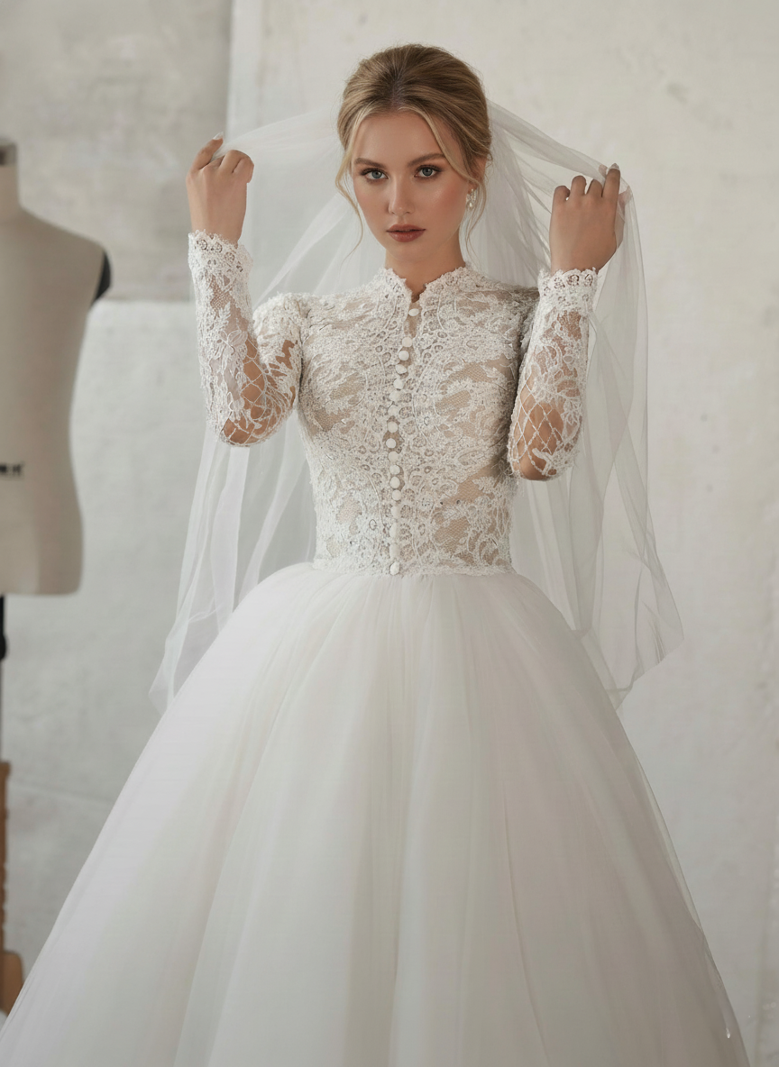 High-Neck Long-Sleeve Lace Ball Gown with Sheer Bodice & Tulle Skirt