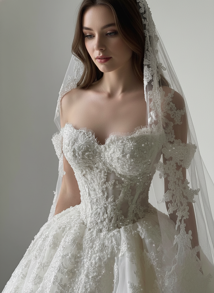 Off-Shoulder Lace Ball Gown Wedding Dress with Sheer Corset | Silque