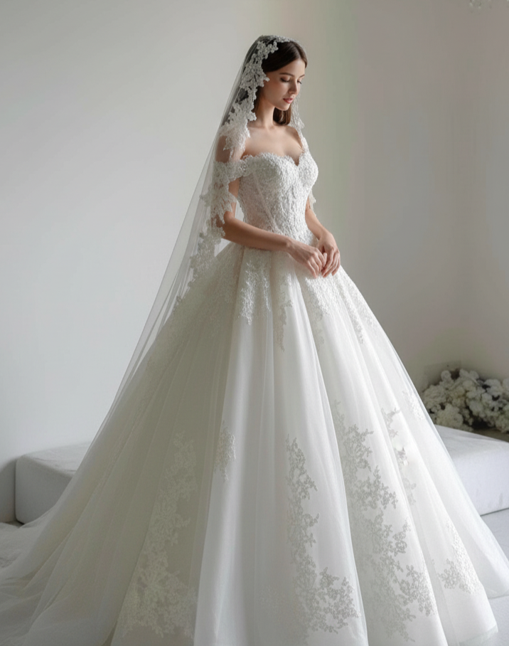 Off-Shoulder Lace Ball Gown Wedding Dress with Sheer Corset | Silque