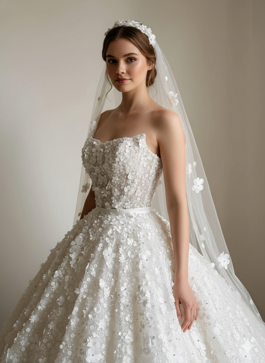 3D Floral Sparkle Ball Gown Wedding Dress with Beaded Corset | Silque