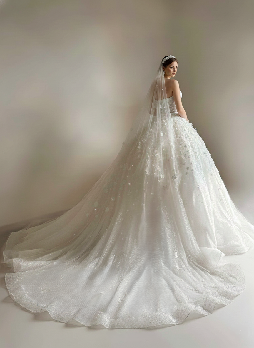 3D Floral Sparkle Ball Gown Wedding Dress with Beaded Corset | Silque