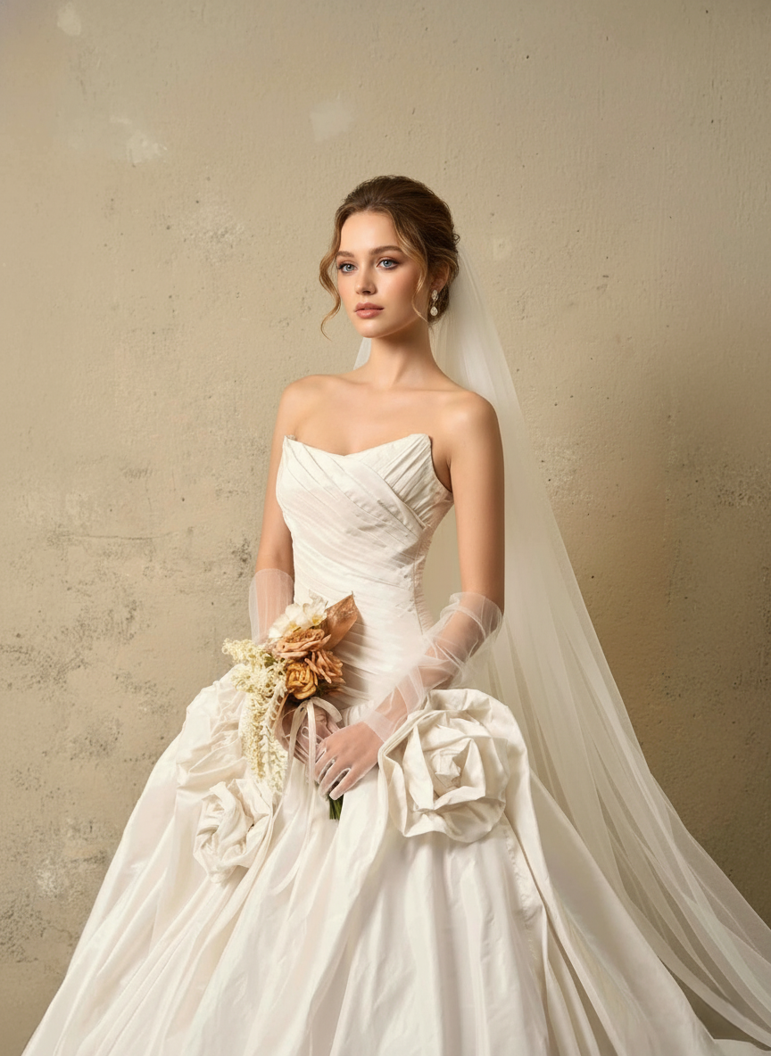 3D Floral Ball Gown Wedding Dress – Strapless Draped Bodice, Voluminous Skirt & Handcrafted Florals