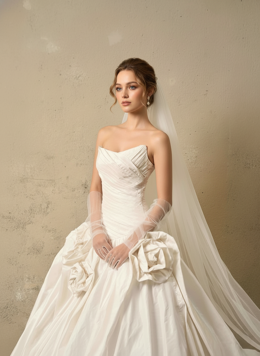 3D Floral Ball Gown Wedding Dress – Strapless Draped Bodice, Voluminous Skirt & Handcrafted Florals