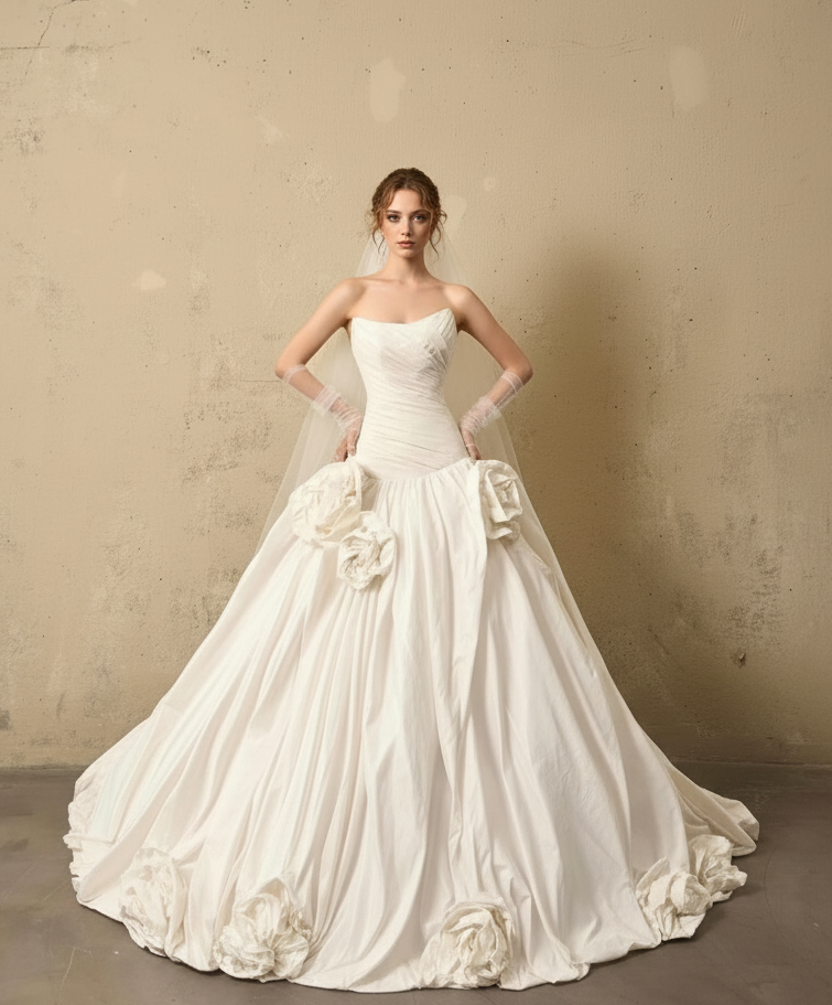 3D Floral Ball Gown Wedding Dress – Strapless Draped Bodice, Voluminous Skirt & Handcrafted Florals