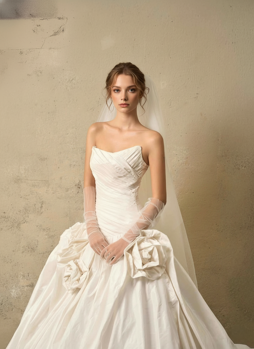 3D Floral Ball Gown Wedding Dress – Strapless Draped Bodice, Voluminous Skirt & Handcrafted Florals