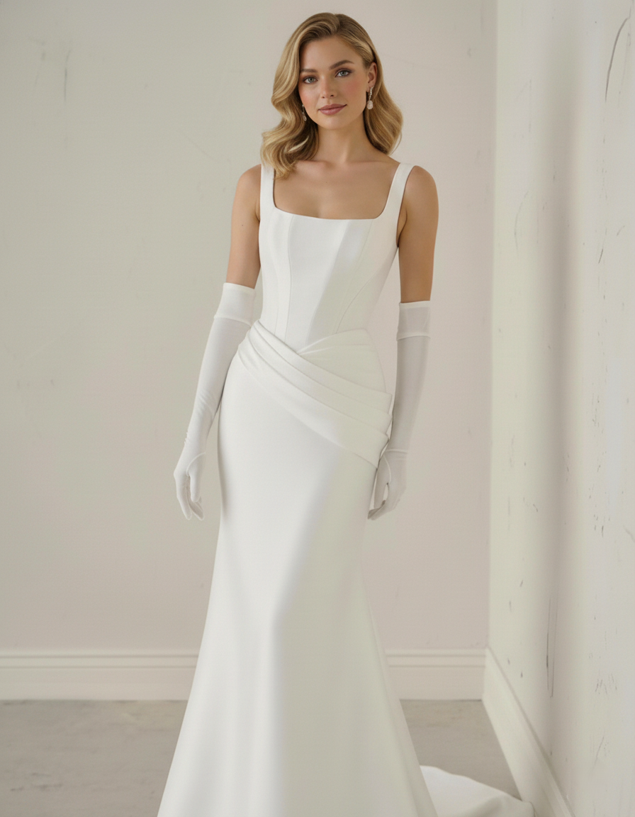 Minimalist Square-Neck Wedding Dress – Sculpted Crepe Satin, Draped Hip Detail & Elegant Fit-and-Flare Silhouette