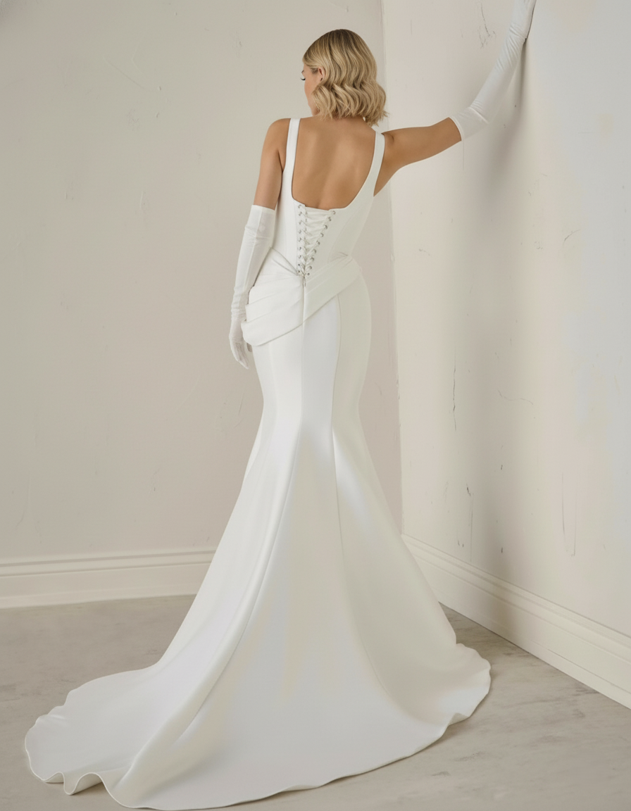 Minimalist Square-Neck Wedding Dress – Sculpted Crepe Satin, Draped Hip Detail & Elegant Fit-and-Flare Silhouette