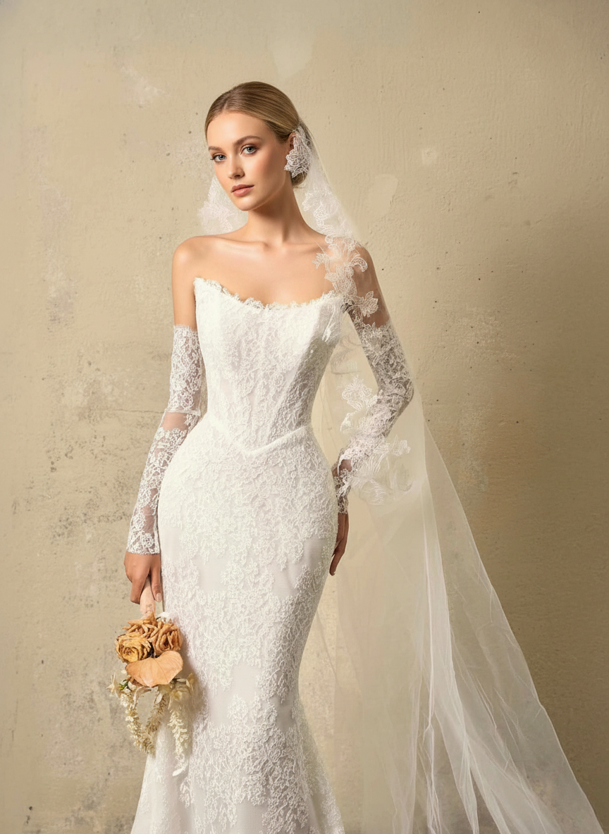 Off-Shoulder Lace Mermaid Wedding Dress – Floral Chantilly Lace, Illusion Sleeves & Elegant Fit Silhouette
