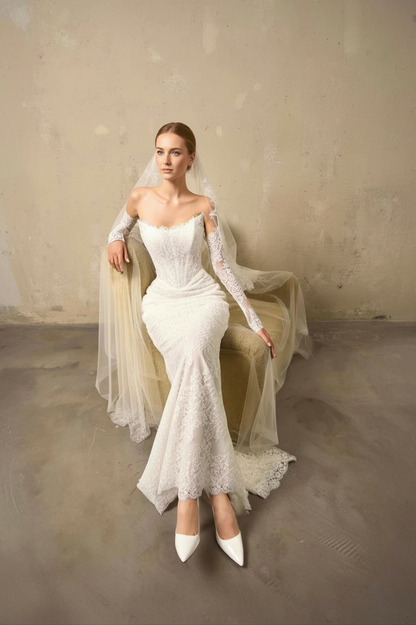 Off-Shoulder Lace Mermaid Wedding Dress – Floral Chantilly Lace, Illusion Sleeves & Elegant Fit Silhouette