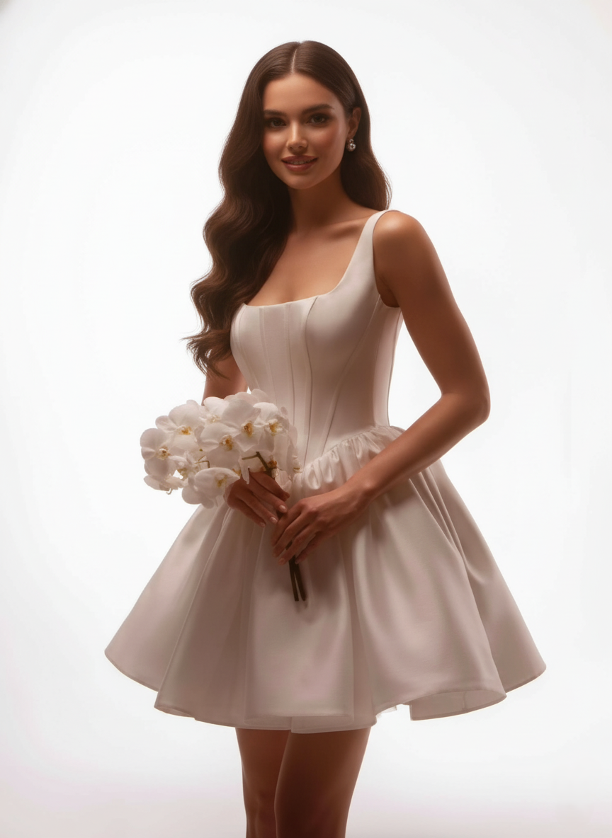 Short Square-Neck Wedding Dress – Corset Bodice, Satin Mini Skirt & Modern Bridal Look