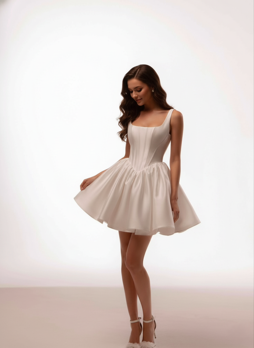 Short Square-Neck Wedding Dress – Corset Bodice, Satin Mini Skirt & Modern Bridal Look