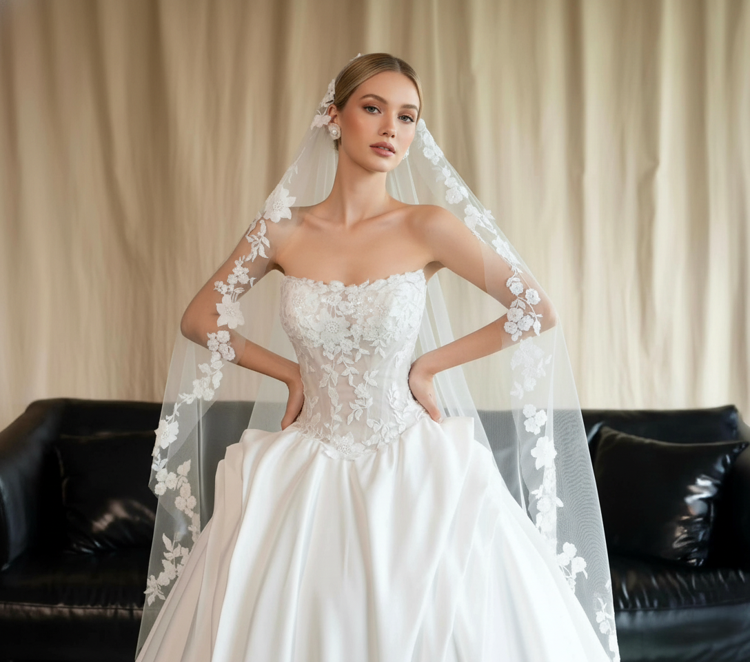 Floral Lace Ball Gown Wedding Dress – Strapless Illusion Bodice, 3D Appliqués & Soft Satin Skirt