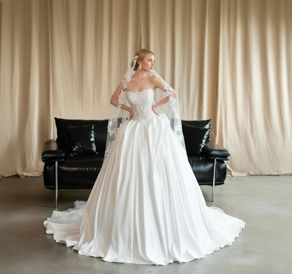 Floral Lace Ball Gown Wedding Dress – Strapless Illusion Bodice, 3D Appliqués & Soft Satin Skirt
