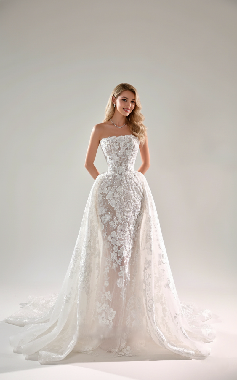 3D Floral Lace Mermaid Wedding Dress – Strapless Illusion Bodice & Detachable Overskirt