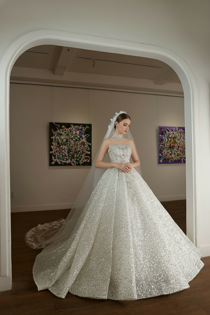 Full Glitter Ball Gown Wedding Dress – Strapless Luxury Bridal Gown