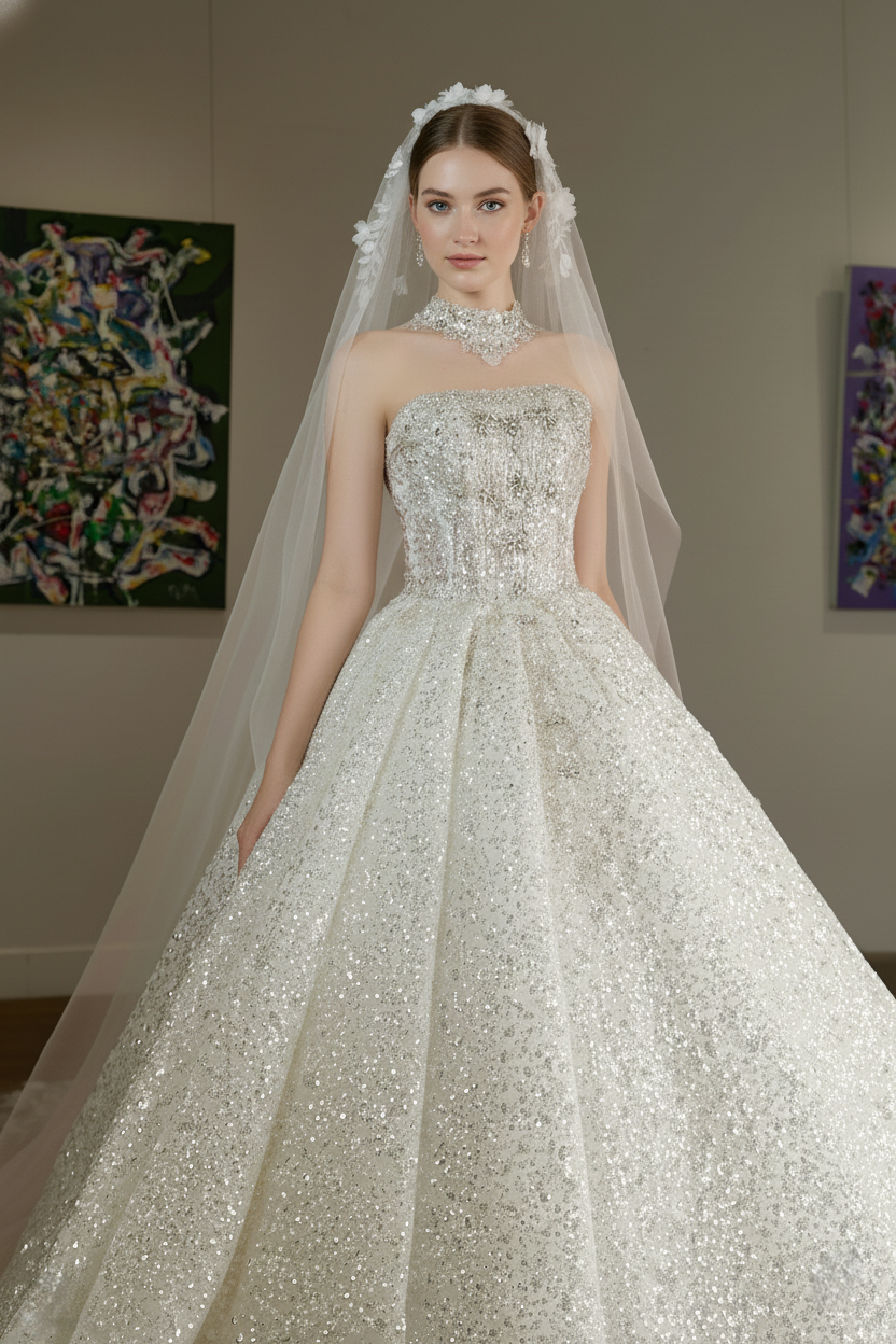Full Glitter Ball Gown Wedding Dress – Strapless Luxury Bridal Gown