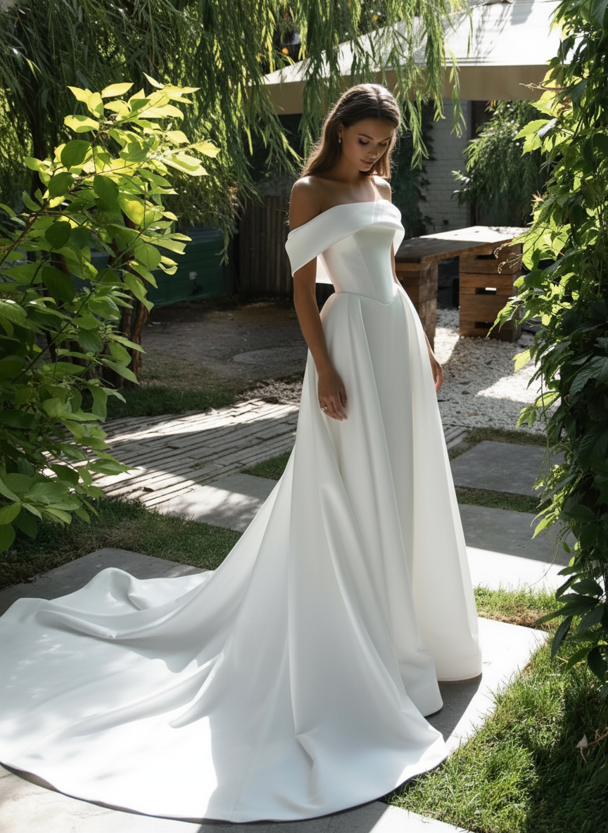 Minimalist Off-Shoulder Satin Wedding Dress – Elegant A-Line Silhouette