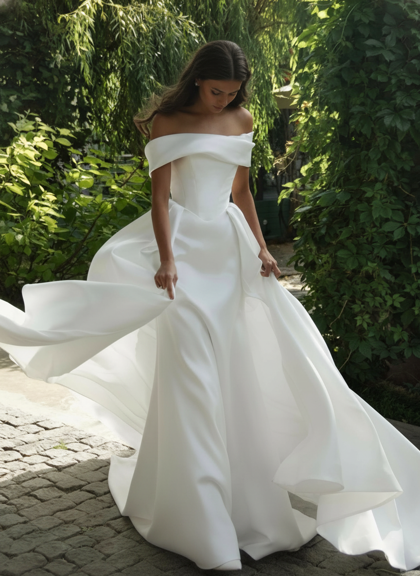 Minimalist Off-Shoulder Satin Wedding Dress – Elegant A-Line Silhouette