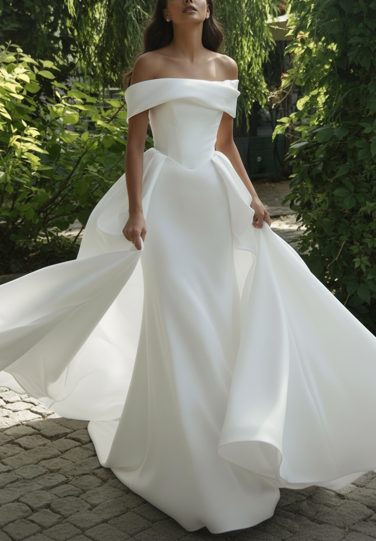Minimalist Off-Shoulder Satin Wedding Dress – Elegant A-Line Silhouette