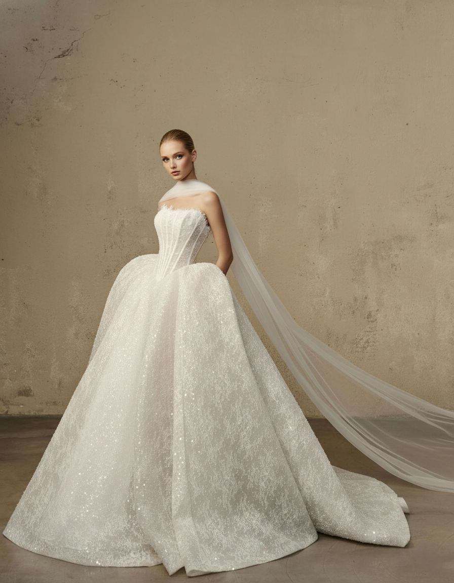 Couture Glitter Corset Ball Gown – Strapless Luxury Wedding Dress