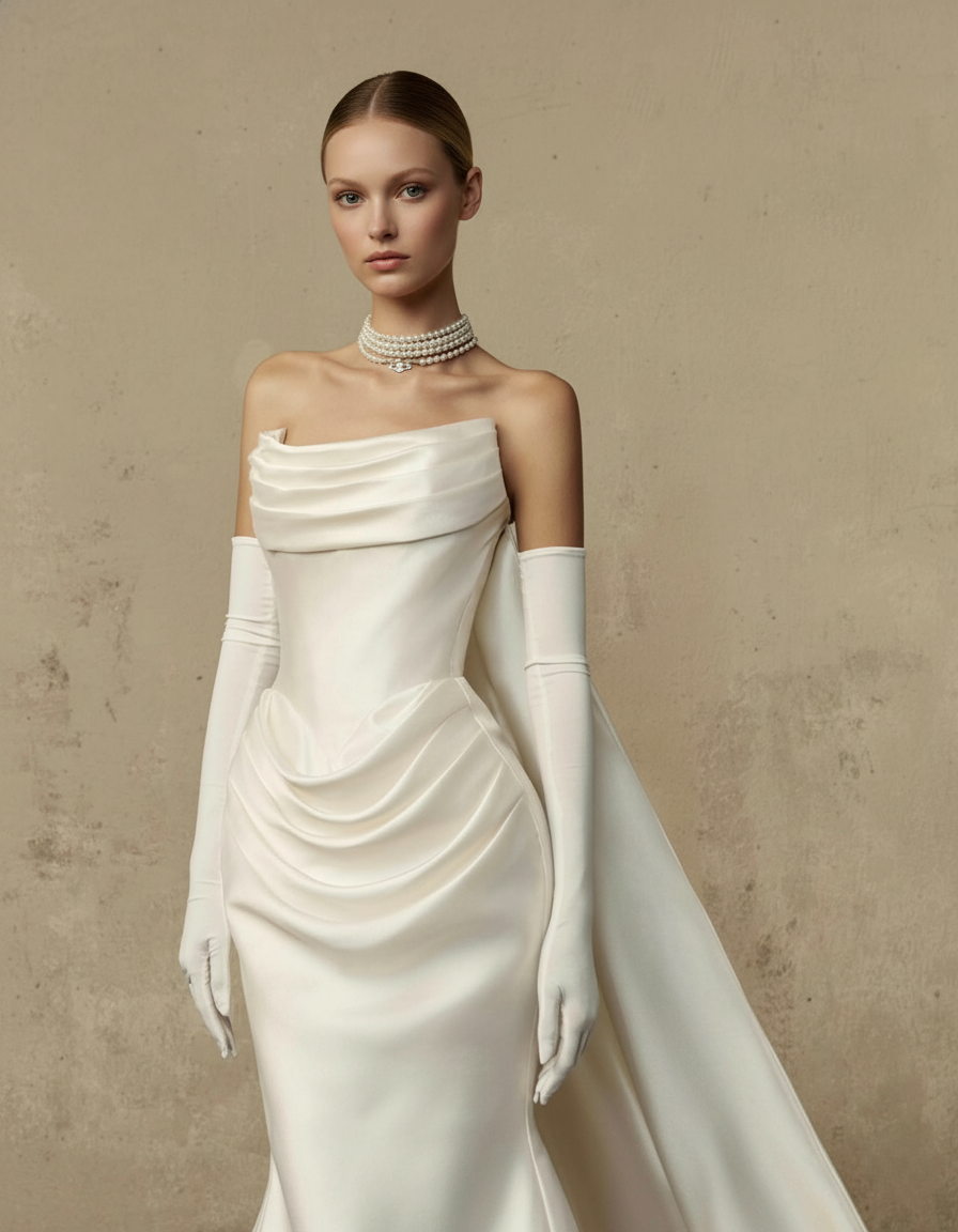 Draped Satin Fit-and-Flare Wedding Dress – Couture Elegant Bridal Gown