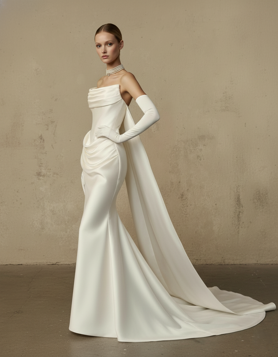 Draped Satin Fit-and-Flare Wedding Dress – Couture Elegant Bridal Gown
