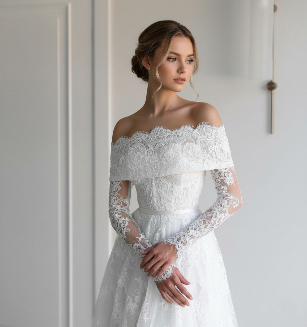 Off-the-Shoulder Lace Wedding Dress with Long Sleeves – Classic A-Line
