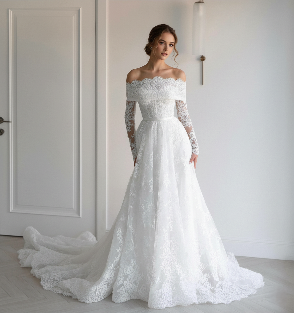Off-the-Shoulder Lace Wedding Dress with Long Sleeves – Classic A-Line