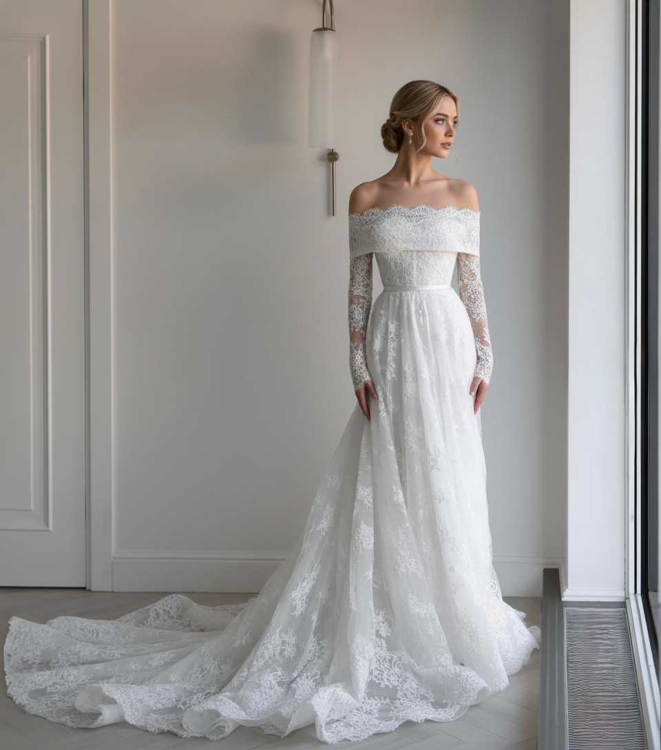 Off-the-Shoulder Lace Wedding Dress with Long Sleeves – Classic A-Line