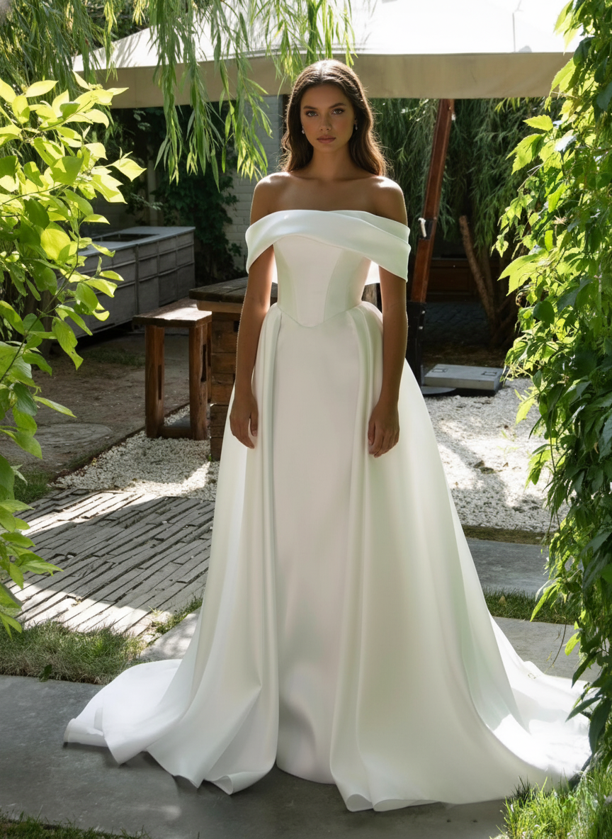 Minimalist Off-Shoulder Satin Wedding Dress – Elegant A-Line Silhouette
