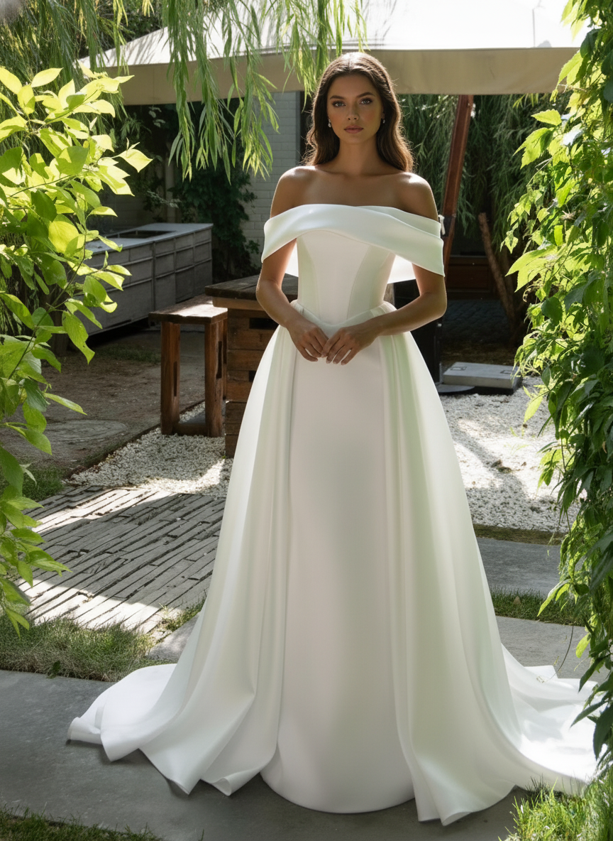 Minimalist Off-Shoulder Satin Wedding Dress – Elegant A-Line Silhouette