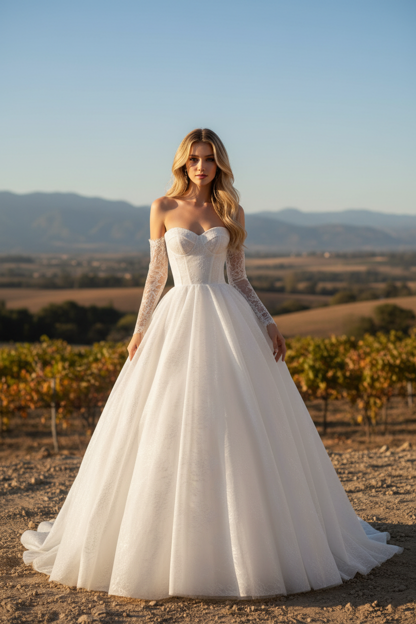 Romantic Off-Shoulder Lace Sleeve Ball Gown | Silque
