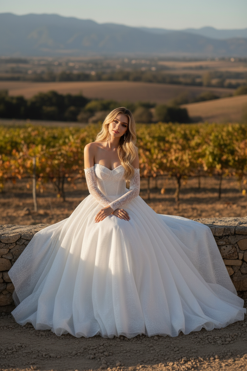 Romantic Off-Shoulder Lace Sleeve Ball Gown | Silque