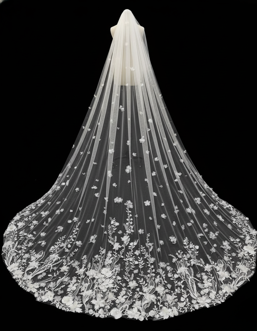 3D Floral Lace Cathedral Veil – Hand-Appliqué Wedding Veil | Silque