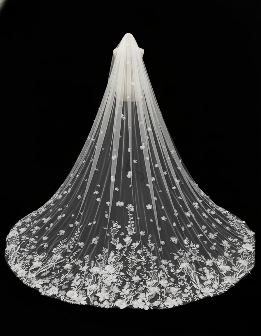 3D Floral Lace Cathedral Veil – Hand-Appliqué Wedding Veil | Silque