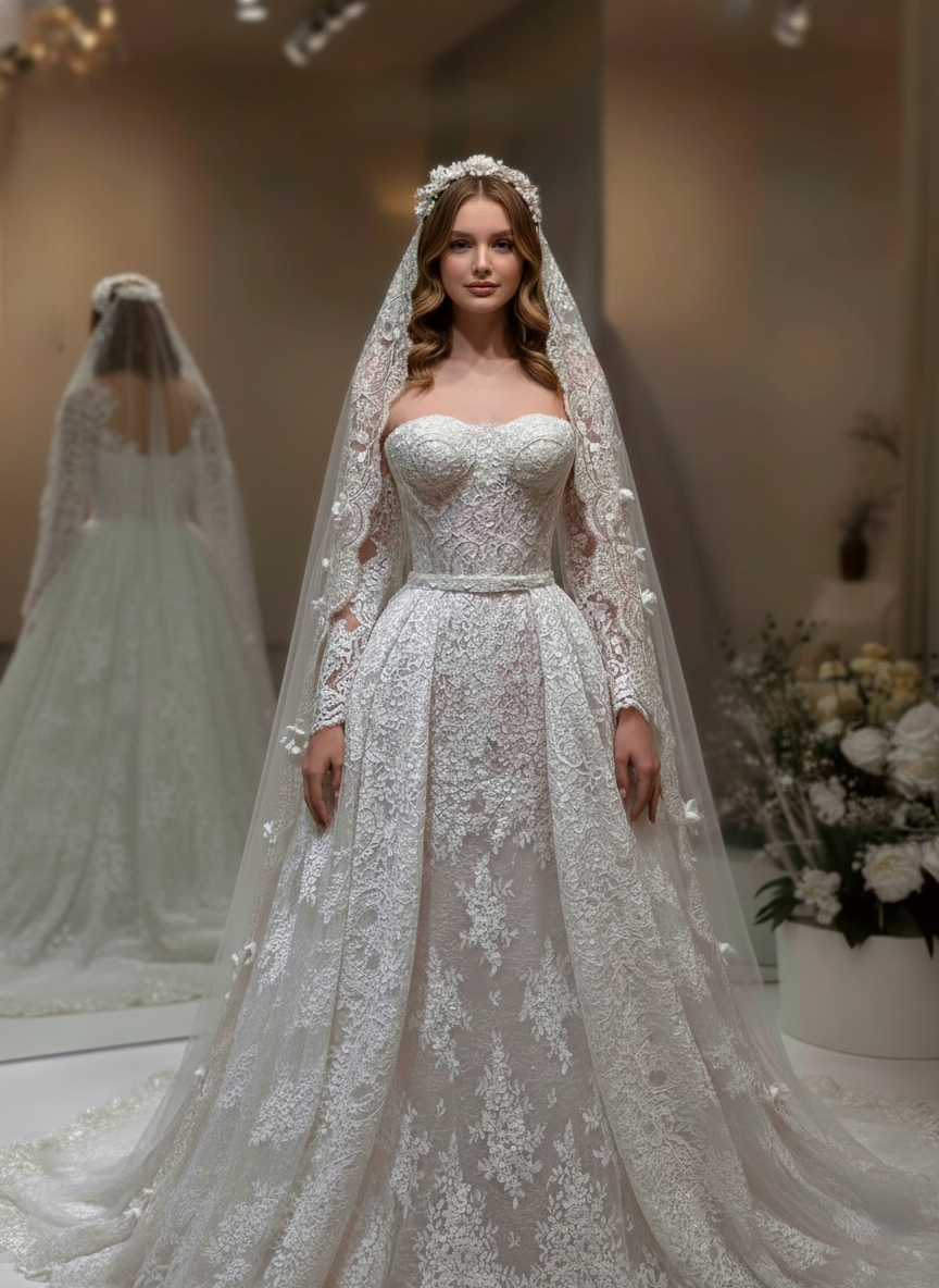 2-in-1 Off-Shoulder Lace Ball Gown with Sheer Corset & Overskirt