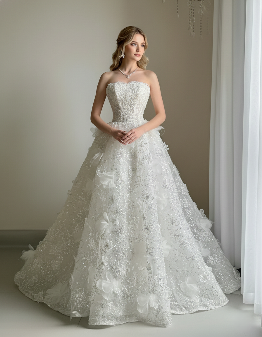 3D Floral Lace Ball Gown Wedding Dress with Beaded Corset | Silque