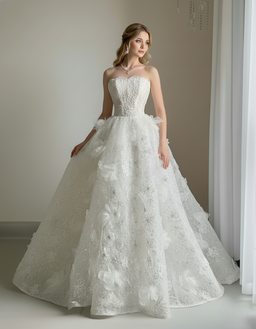 3D Floral Lace Ball Gown Wedding Dress with Beaded Corset | Silque