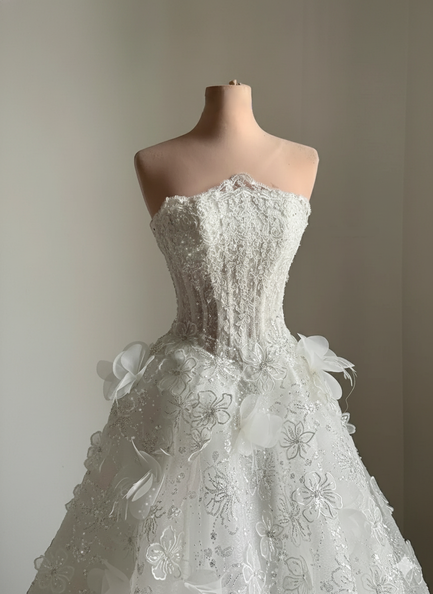 3D Floral Lace Ball Gown Wedding Dress with Beaded Corset | Silque