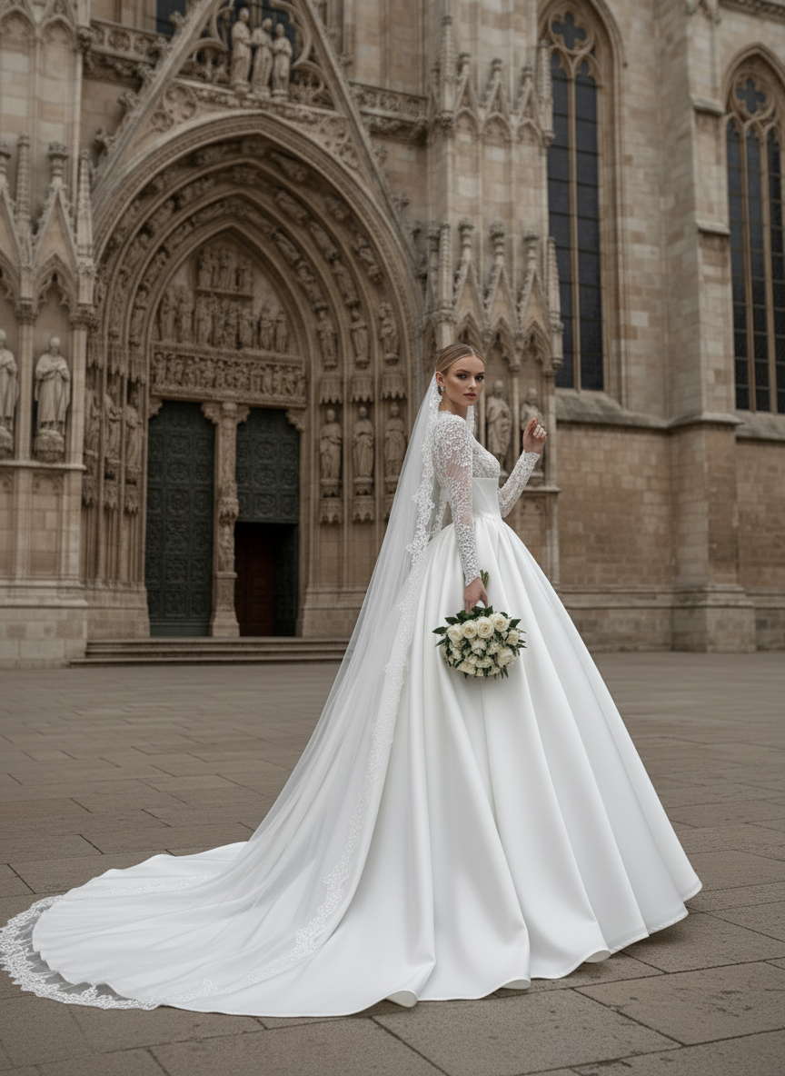 Ethereal Lace Long-Sleeve Wedding Gown with Satin Corset