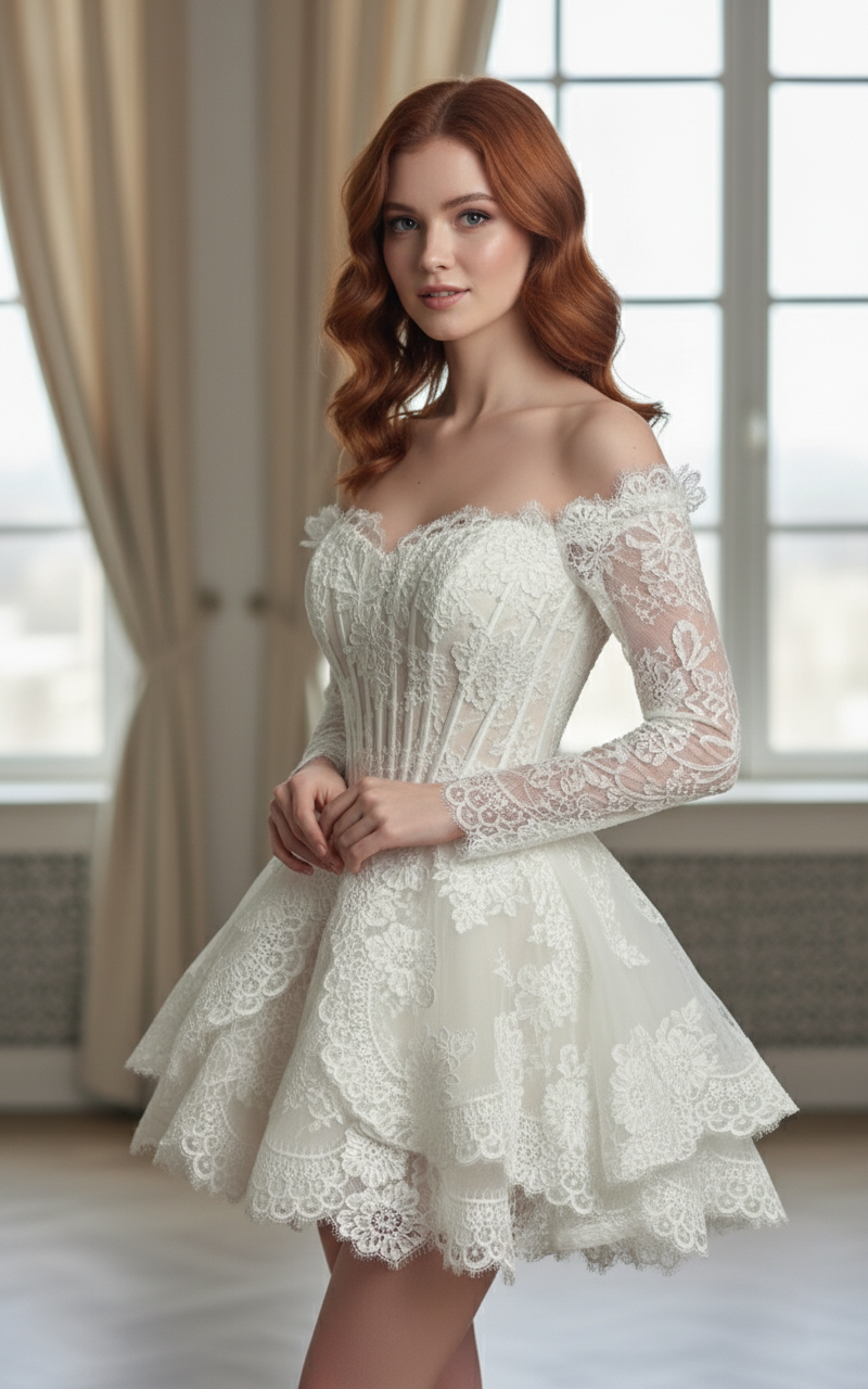 Flirty Lace Off-Shoulder Mini Wedding Dress | Silque