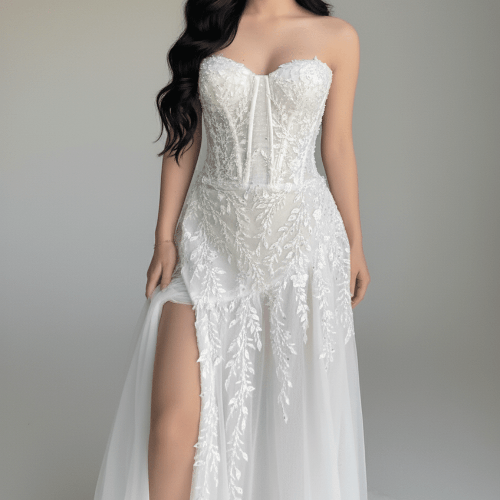 A - Line Corset Wedding Dress with Slit – 3D Lace Bridal Gown | Silque Bridal - Wedding Dress - SilqueBridal
