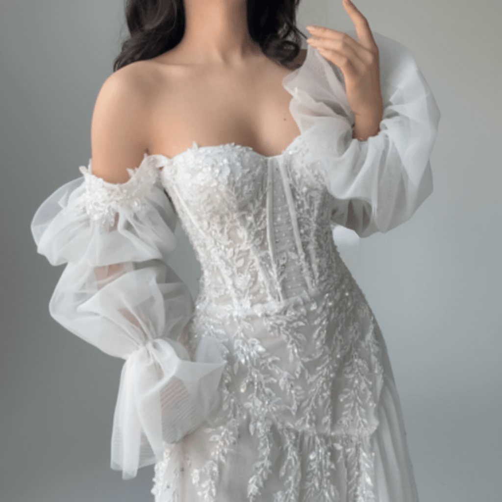 A - Line Corset Wedding Dress with Slit – 3D Lace Bridal Gown | Silque Bridal - Wedding Dress - SilqueBridal
