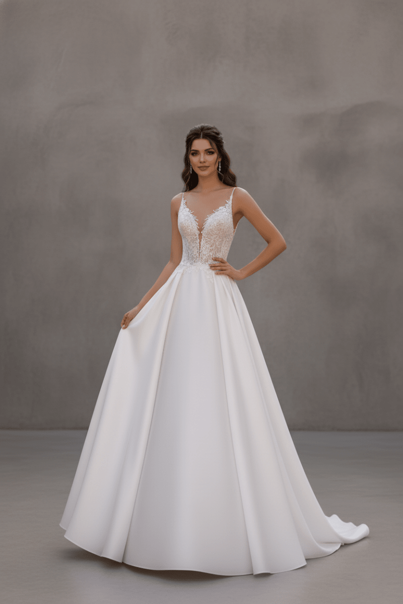 A - Line Wedding Dress Deep V Neck Lace Bodice Bridal Gown Tulle Skirt Elegant Strap Wedding Dress - Wedding Dress - SilqueBridal