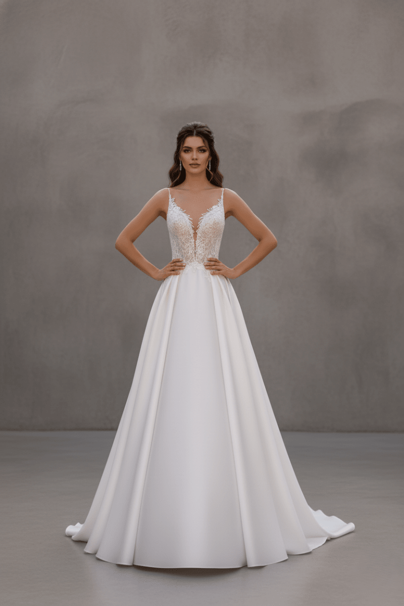 A-Line Wedding Dress Deep V Lace Bodice Bridal Gown SilqueBridal A-Line Wedding Dress Deep V Lace Bodice Bridal Gown SilqueBridal